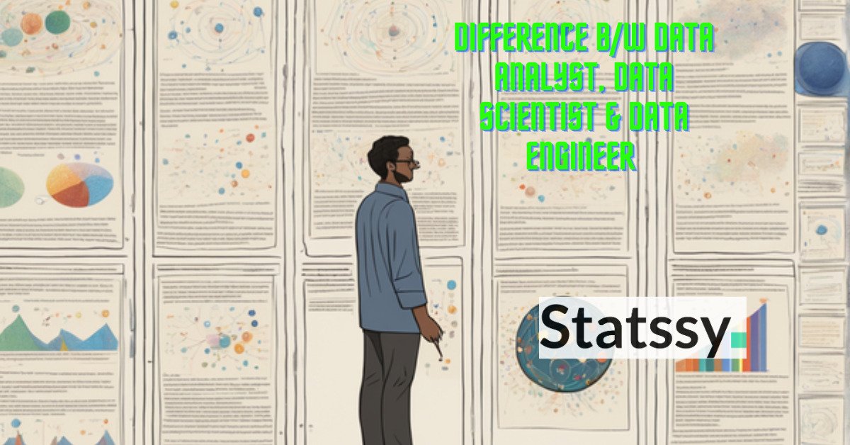 Triptych depiction of the three pillars of data roles: An analyst unraveling patterns, a scientist harnessing the magic of data predictions, and an engineer building the pathways for data flow.