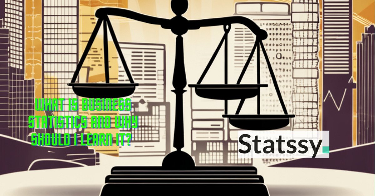 Balance scale contrasting traditional business tools with modern statistical elements, set against a backdrop of a bustling city, symbolizing the evolution and importance of Business Statistics in today's marketplace.